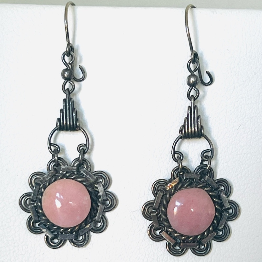 Vintage pink & silver tone dangle earrings